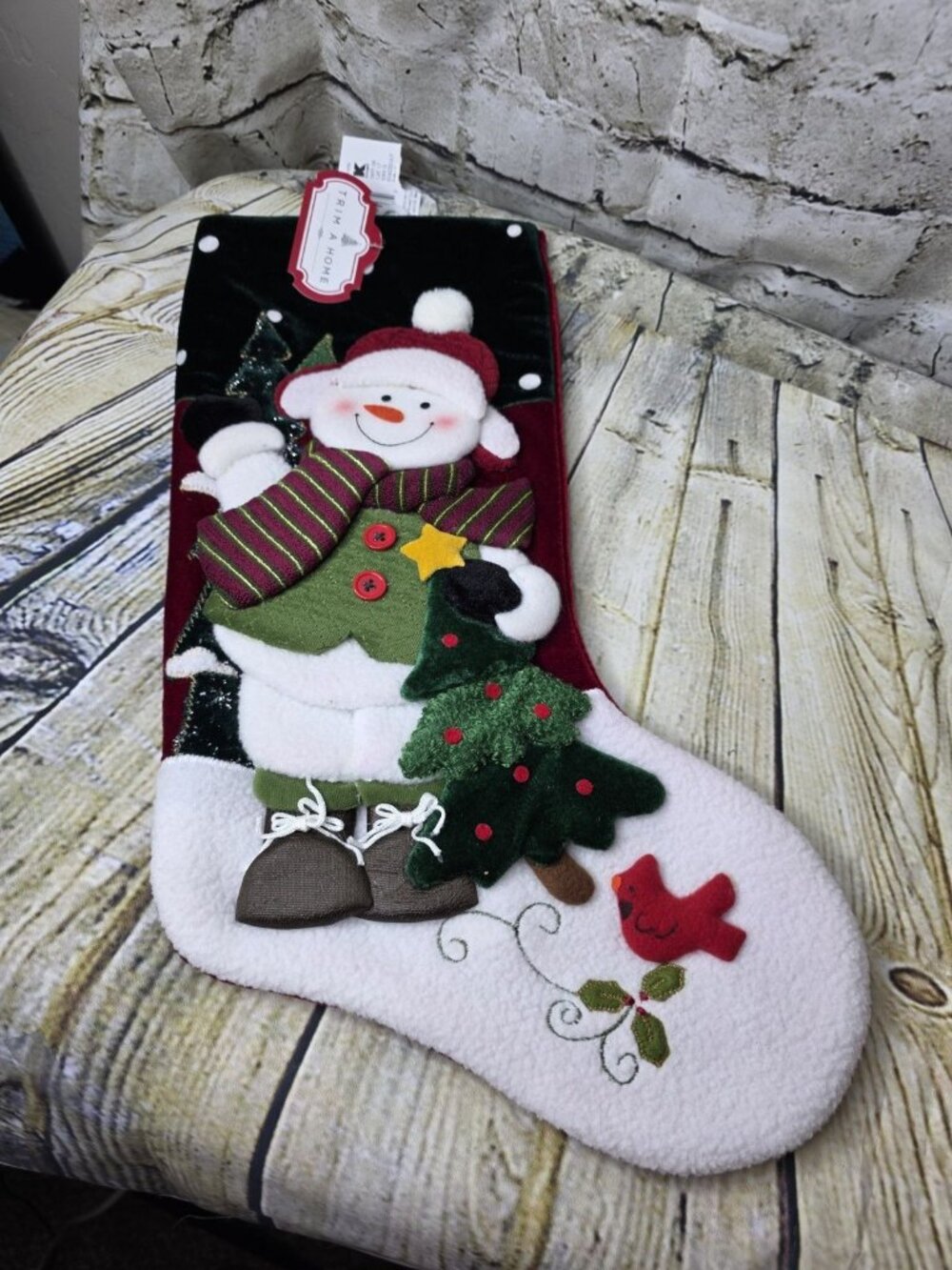 Snowman Christmas Stocking Red Green 20 Inches w Tags New Trim a Home